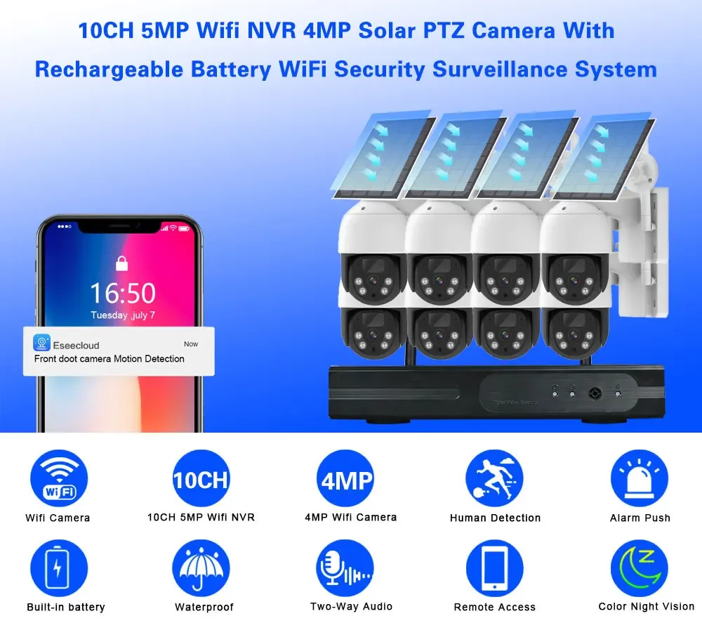 ชุดกล้องวงจรปิดไร้สาย 8CH 4MP Wifi NVR พร้อมกล้องโซลาร์เซลล์ กล้องวงจรปิดภายนอกอาคาร กันน้ำ ระบบกล้องรักษาความปลอดภัยแบบใช้แบตเตอรี่พลังงานแสงอาทิตย์