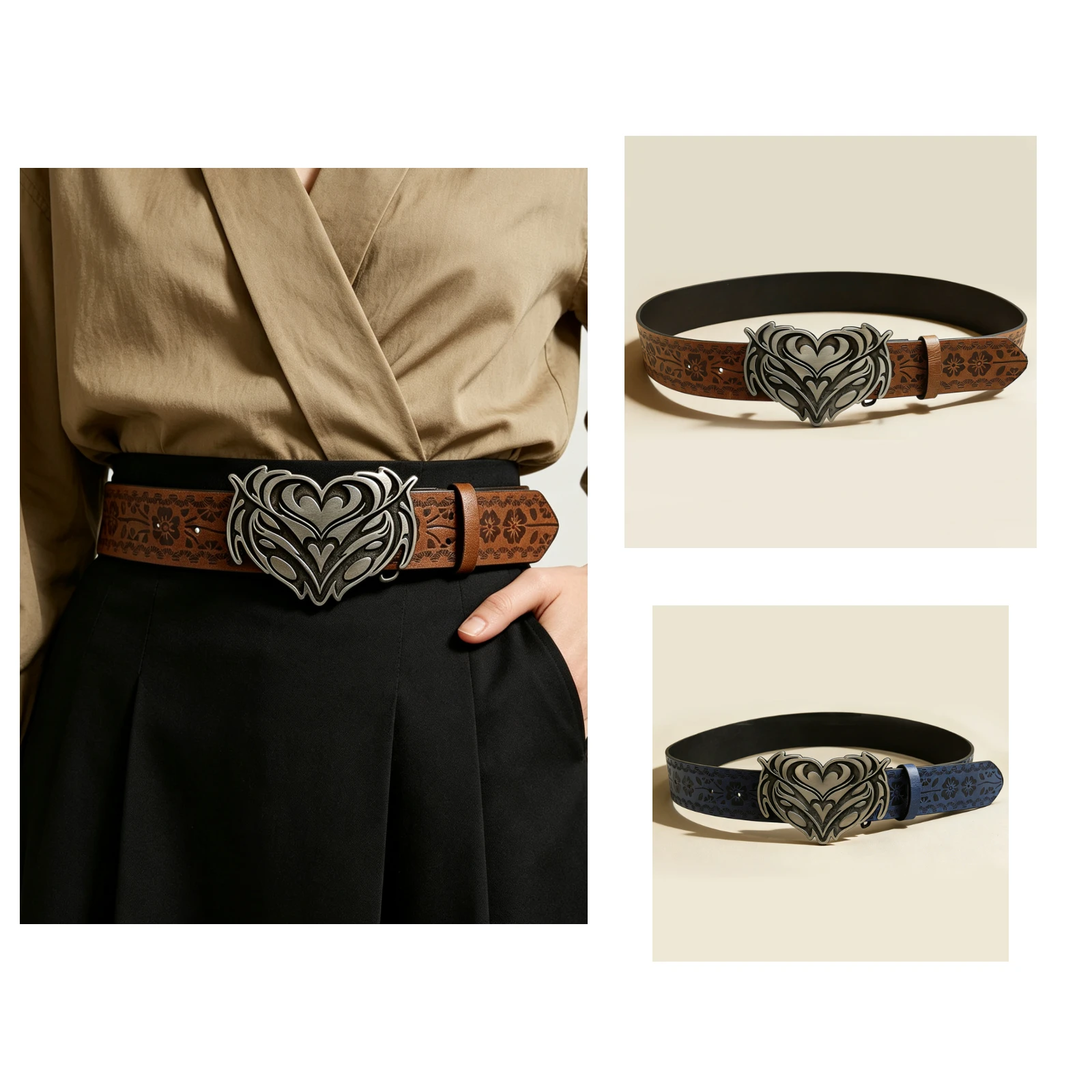 Western Vintage Heart Engraved Buckle Women Belt, Brown & Blue Floral Embossed Decorative Waistband