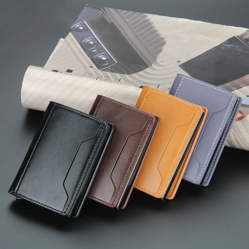 New High Quality Wallet Aluminum Box Antimagnetic Anti-theft Automatic Cartridge Type PU Leather Passport Holder Card ID Holders