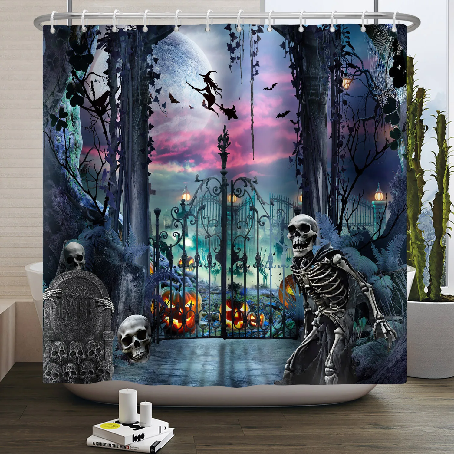 Halloween Shower Curtain Horror Night Full Moon Castle Bat Witch Spooky Pumpkin Gothic Haunted House Graveyard Bathroom Curtain