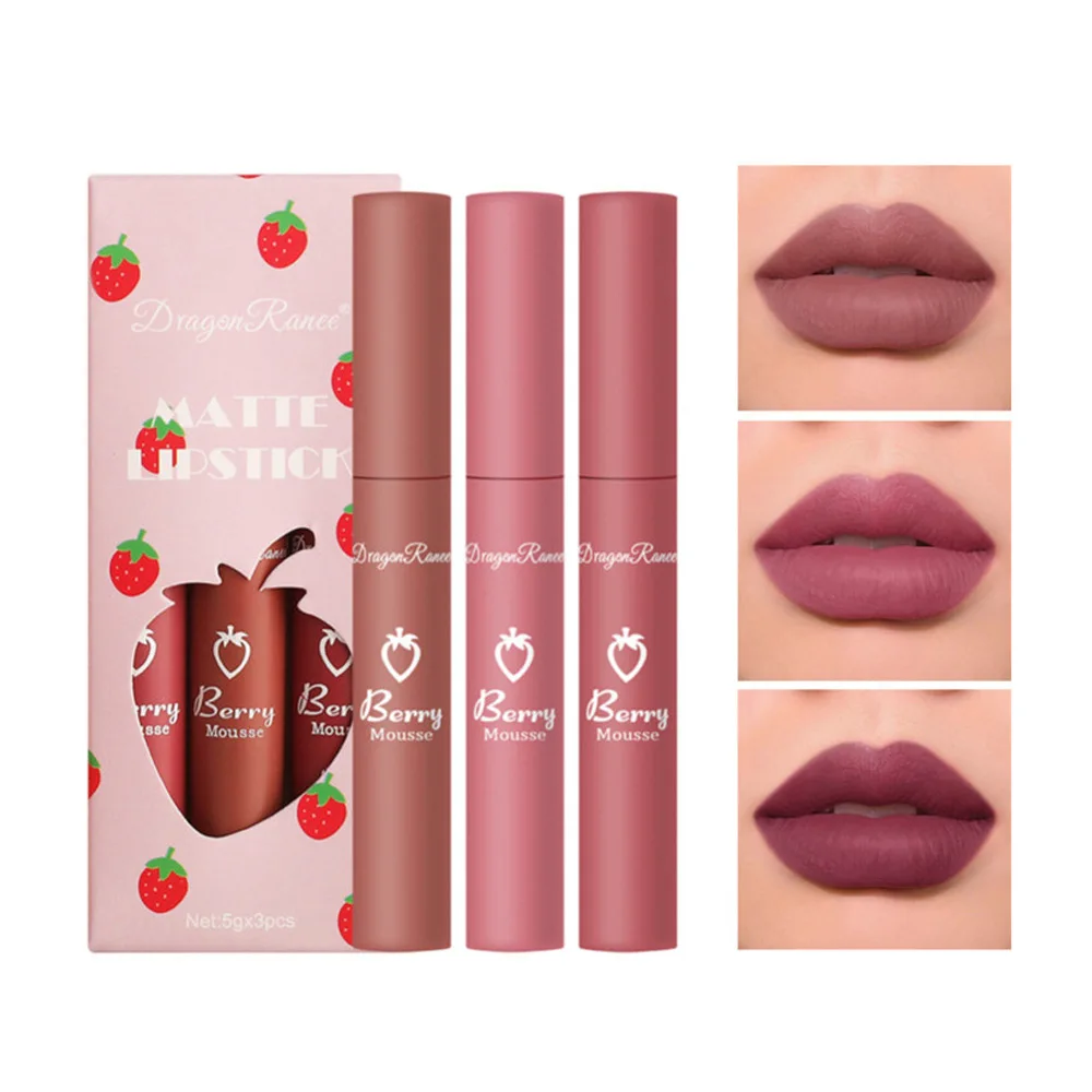 3PCS 딸기 립스틱 세트 벨벳 메이크업 매트 립스틱 오랫동안 지속되는 립글로스 비 스틱 컵 립글레이즈 선물 상자