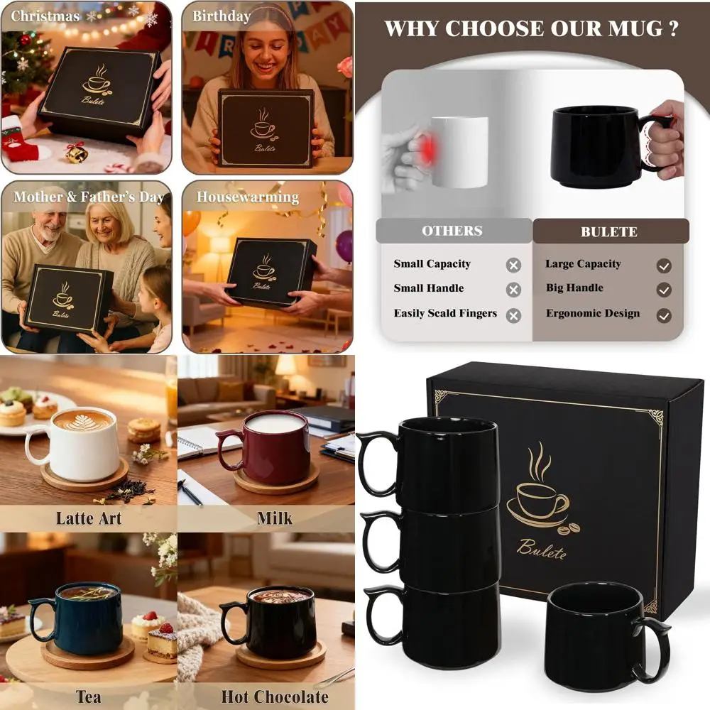 Set of 4 Large 19 oz Ceramic Stackable Coffee Mugs with Big Handle for Latte, Cappuccino, Milk, Tea - Dishwasher and Microwave S