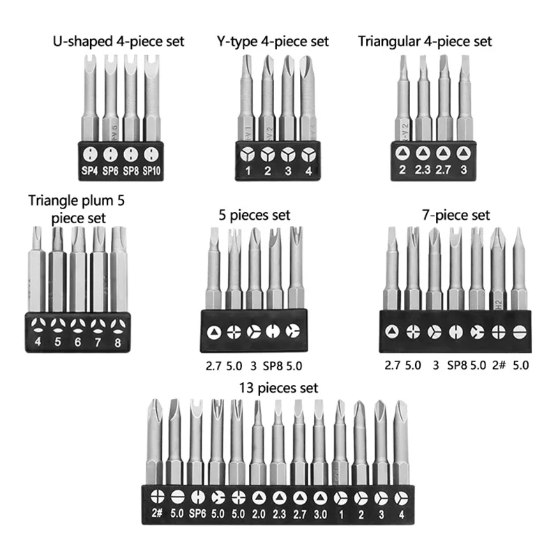 Especial-Shaped Chave de fenda Bits, fenda Phillips, triângulo, Batch cabeça magnética, Cruz interna, três pontos, 4 pcs, 5 pcs, 7 pcs, 13pcs