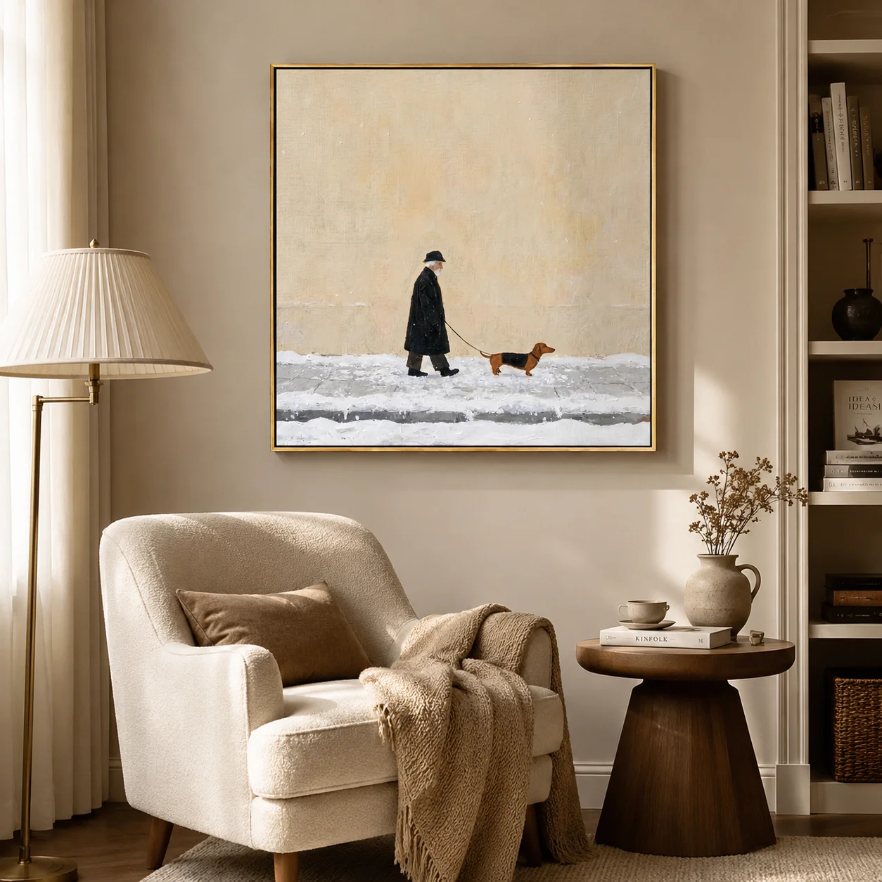 The First Snowfall – Wintry Folk Man & Dog Portrait Painting | Minimalist Square Entryway Art for Bedroom, Living Room, Office view 6