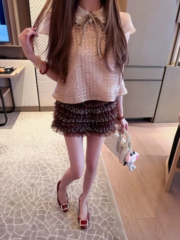 

Summer New Knot Shiny Sequin Top High Waist Cake Skirt Set Date Fashionable Elegant Style Women's Two-Piece Suit