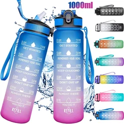 Botella de agua de 1000ML con marcador de tiempo, botella de agua motivacional de plástico, botella para beber para gimnasio, deportes, viajes al aire libre, trabajo, 1 ud.