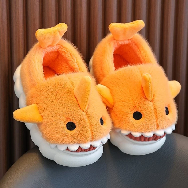 

Winter Heel Wrap Cotton Children Slippers Fashion Cute Cartoon Shark Non-Slip Soft Sole Kids Boys Girls Warm Plush Home Shoes