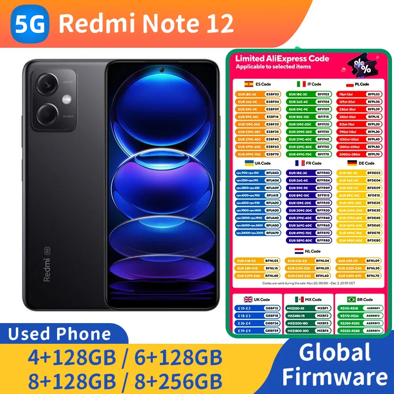 هاتف Redmi Note 12 5G 2400x1080px 5000mAh 33w 48MP 6.67 بوصة RAM 8GB ROM 128GB Snapdragon4 Gen1 مستعمل
