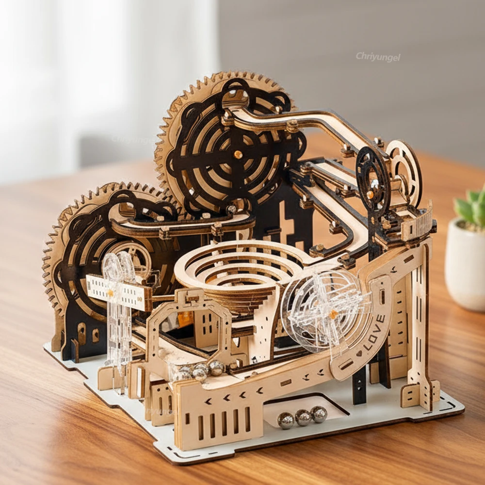 3D Wooden Puzzle Building Model Kit Electric Motorized Marble Run STEM Educational Construction Toys for Kids Adults Gifts