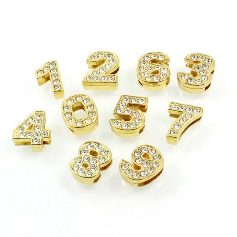 10PC/lot Hole 10MM Full Rhinestones gold plated Slide number 0 - 9 slide Charm Fit For 10mm DIY keychains Wristband Bracelet