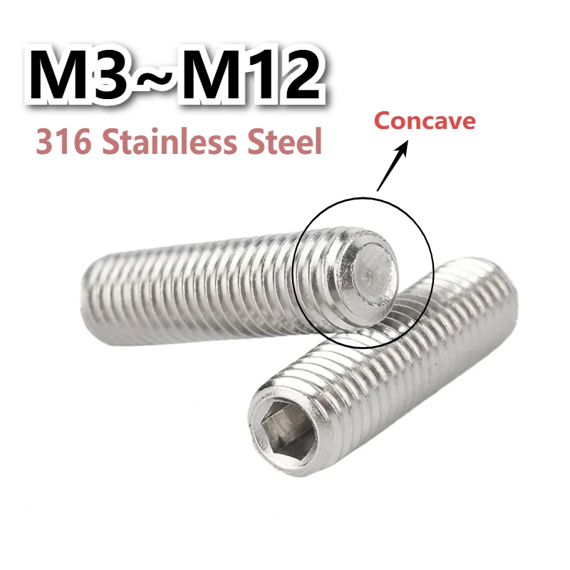 316 Stainless Steel M3 M4 M5 M6 M8 M10 M12 Hex Hexagon Socket Set Screws With Concave End Hexagon Socket Set Screws Without Head