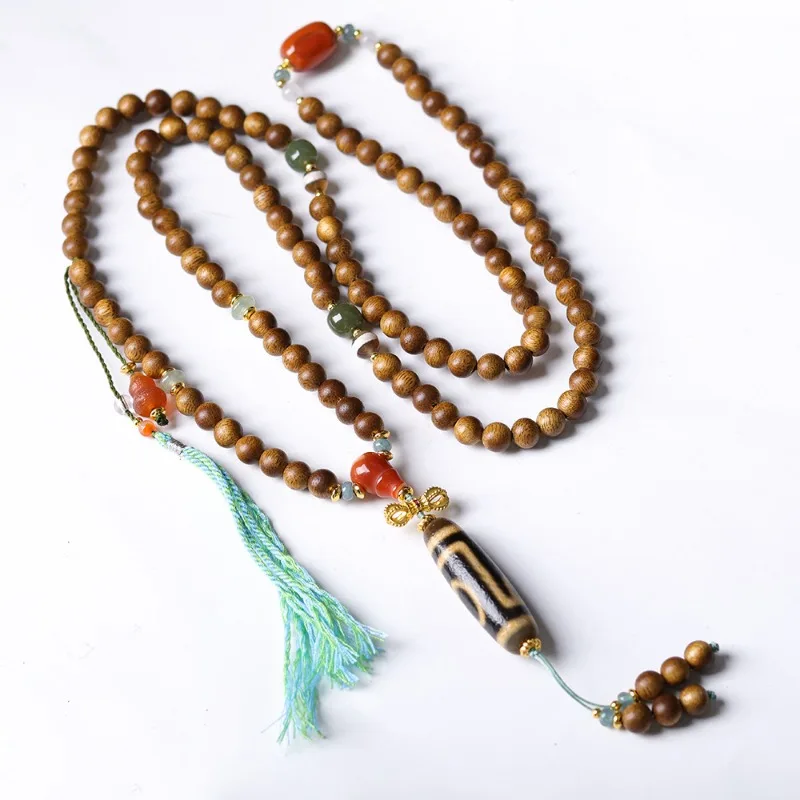 Multi Wrap Agarwood Bracelet Tibetan Style Patina Two Eye Dzi Bead Jasper Agate Prayer Necklace Gifts