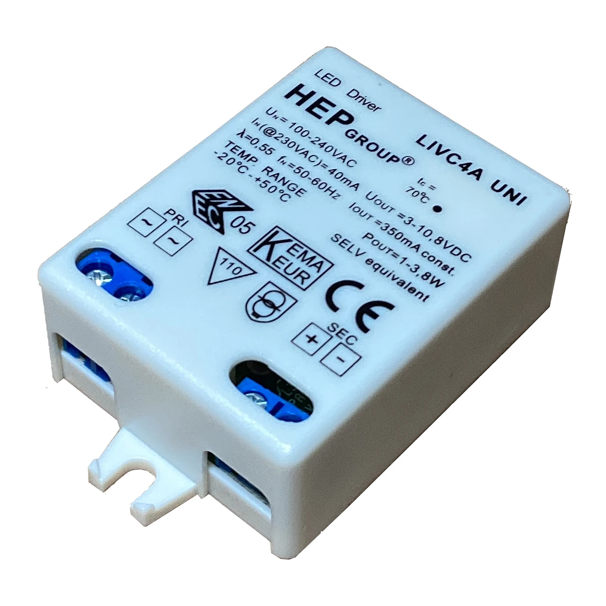 100-240VAC LED Driver HEP GROUP 1-3.8W 3-10.8Vdc 350mA Transformer Driver LSVC3B UNI 700mA, 3W, 4-5VDC