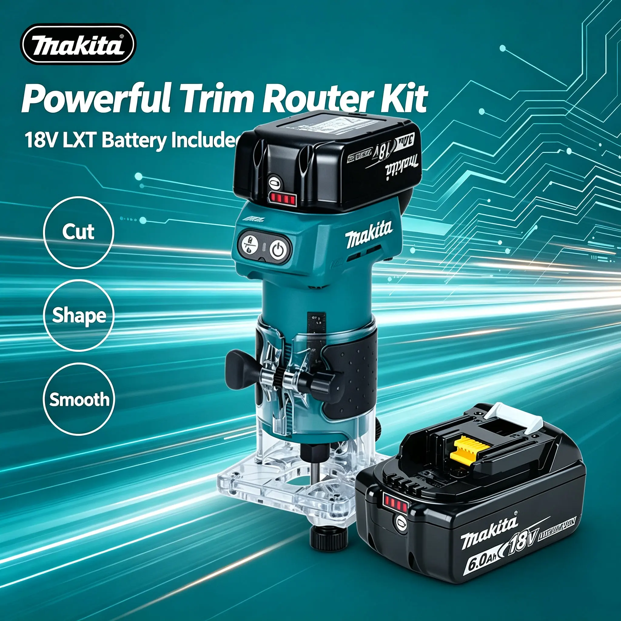 Zuverlässiger Makita DRT52 18V LXT Akku-Kompaktfräser, kabelloser Handfräser für Holzkantenbearbeitung, Nutenfräsen, Schlitzfräsen, Werkstattproduktion und Bauarbeiten bei der Hausrenovierung.