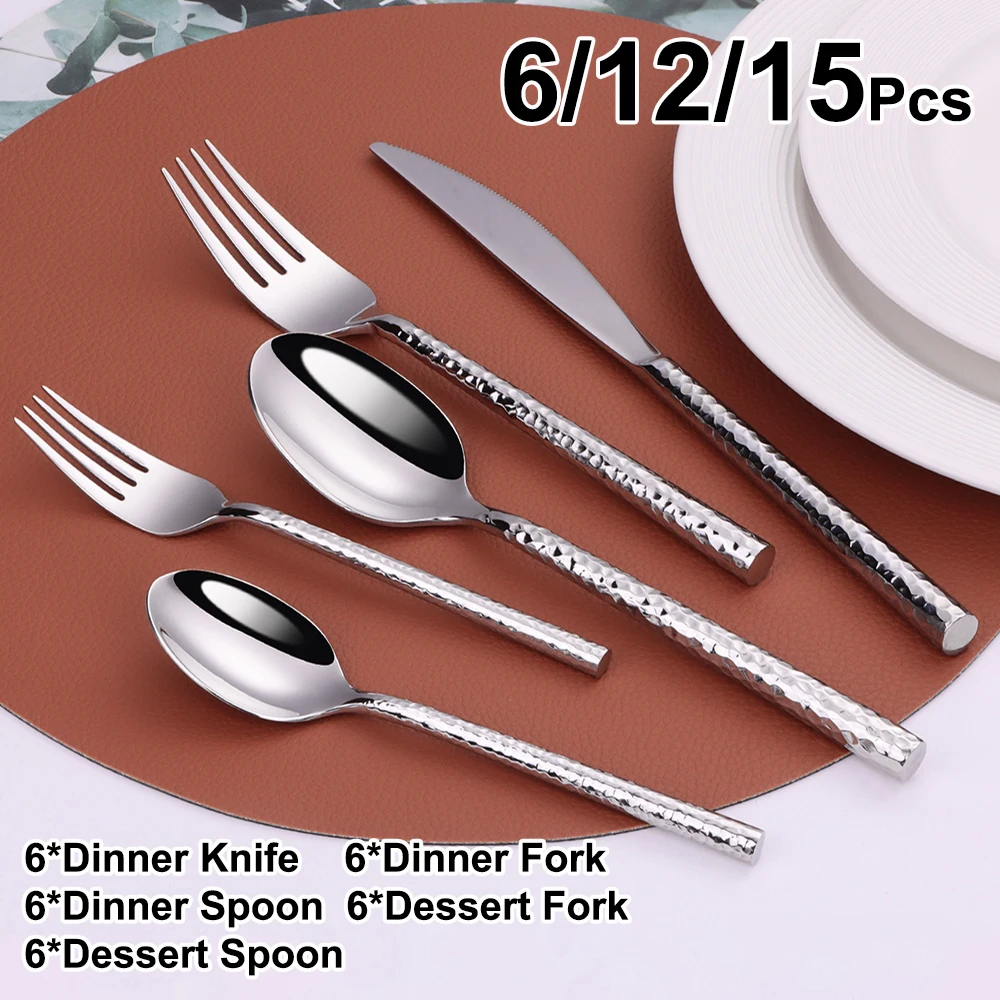 6/12/15Pcs Sliver Heavy Cutlery Stainless Steel 304 Tableware Western Dinner Set Mirror Hammer Pattern Handle Knife Fork Spoon