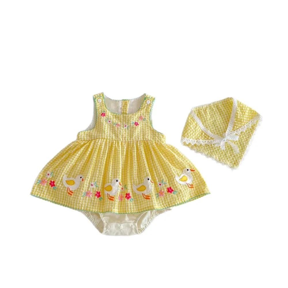 

Sleeveless Design Baby Girl Romper Dress Duck Print Cotton Material Cotton Romper Floral Embroidery Yellow Gingham