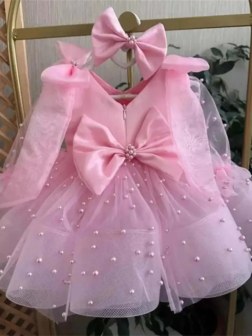 Милое бальное платье принцессы с бантом из бисера для девочек на день рождения, детское модное свадебное платье для выступлений на фортепиано