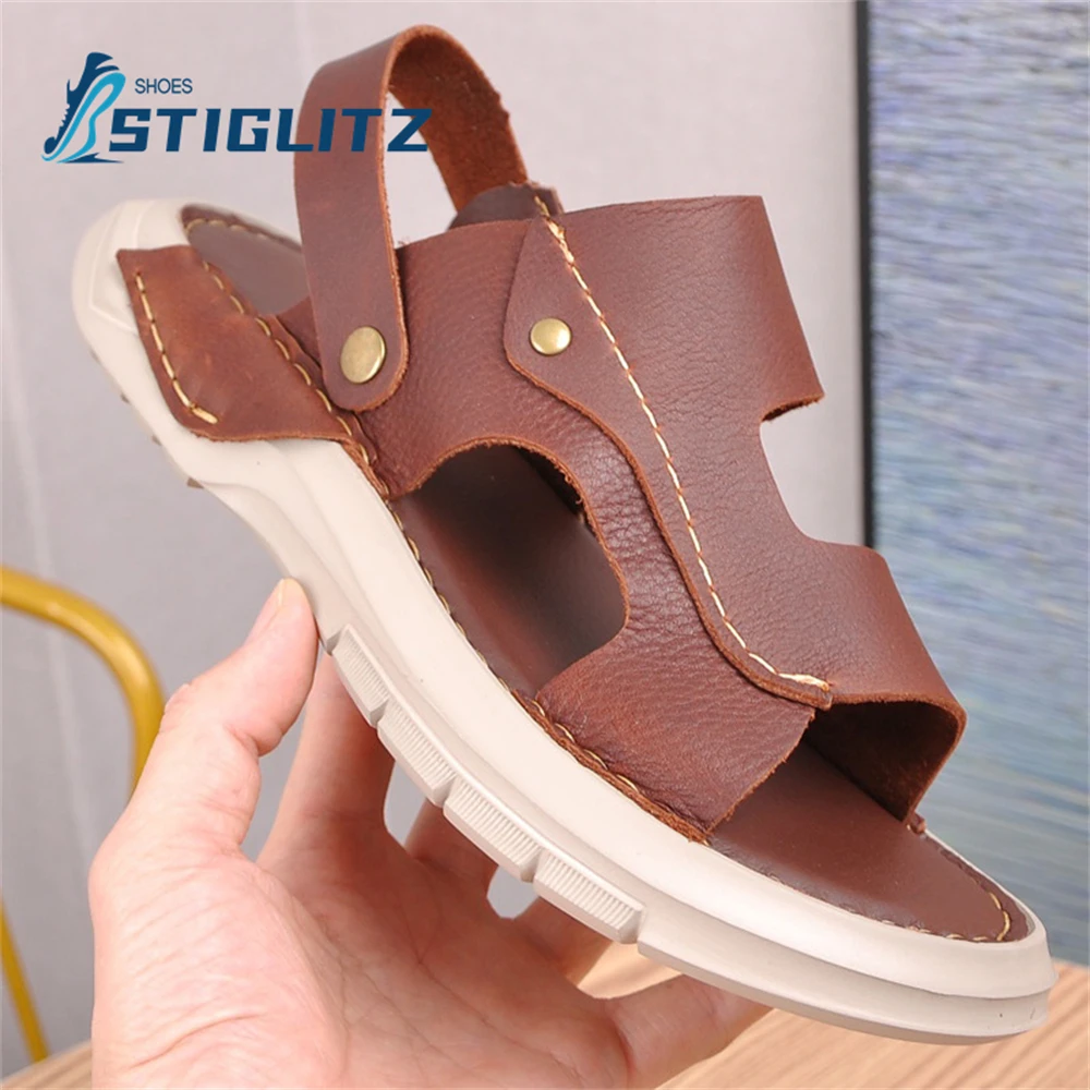 

Men's Two Ways To Wear Slippers Sandals Casual Flat Shoes for Men Summer Outdoor Soft Sole Comfortable Genuine Leather Sandals