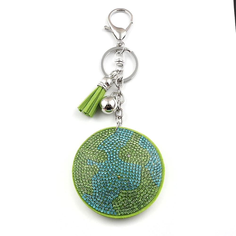 Porte-clés Rond Terre Terrestre en Strass pour Étudiants en Géographie, Amateurs de Nature, Voyageurs Éco-responsables, avec Pendentif Cristal Vert Scintillant et Pompon – Cadeau Souvenir