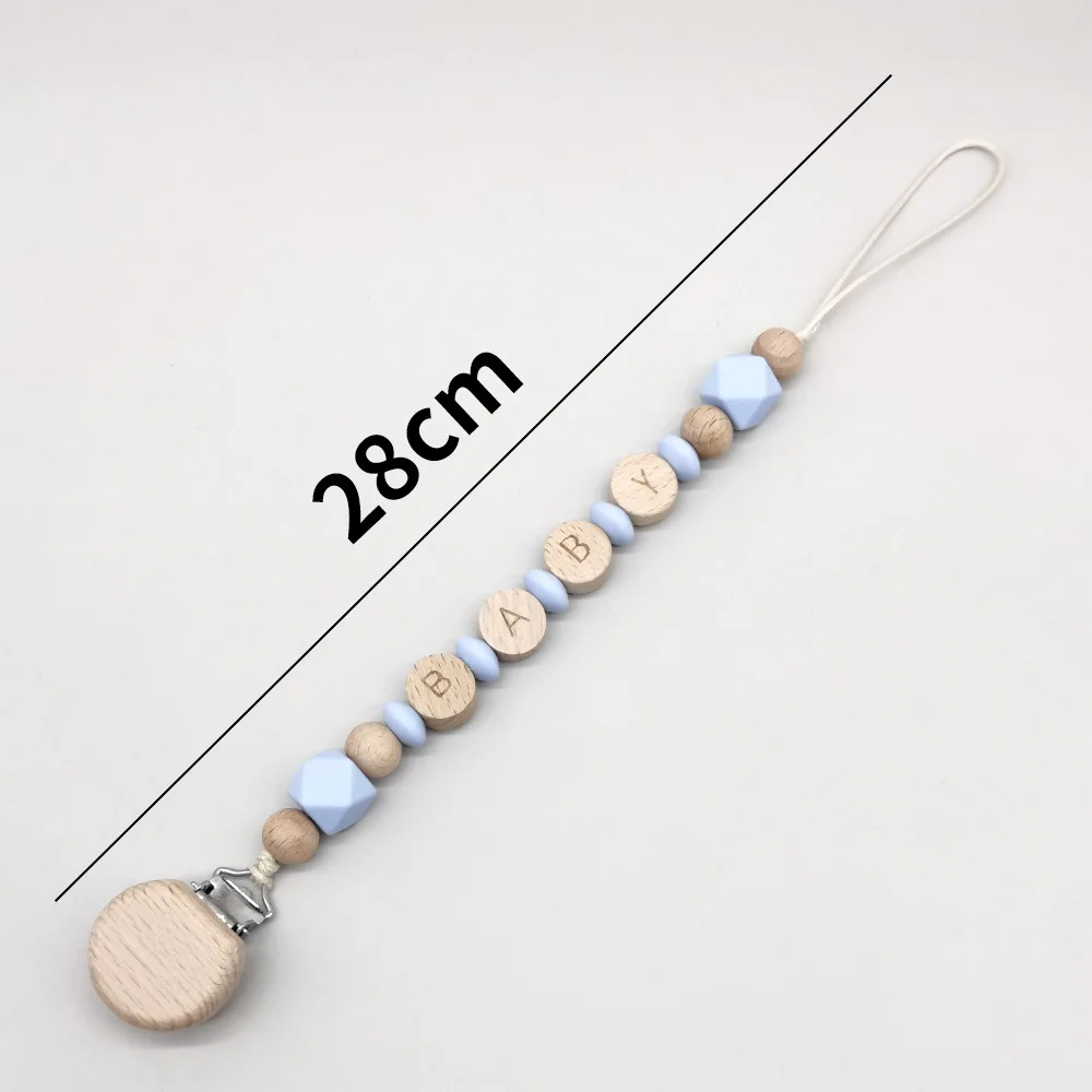 아기 수제 DIY 맞춤형 이름 체인 고리 평평한 나무 구슬 젖꼭지 클립 유아용 장난감