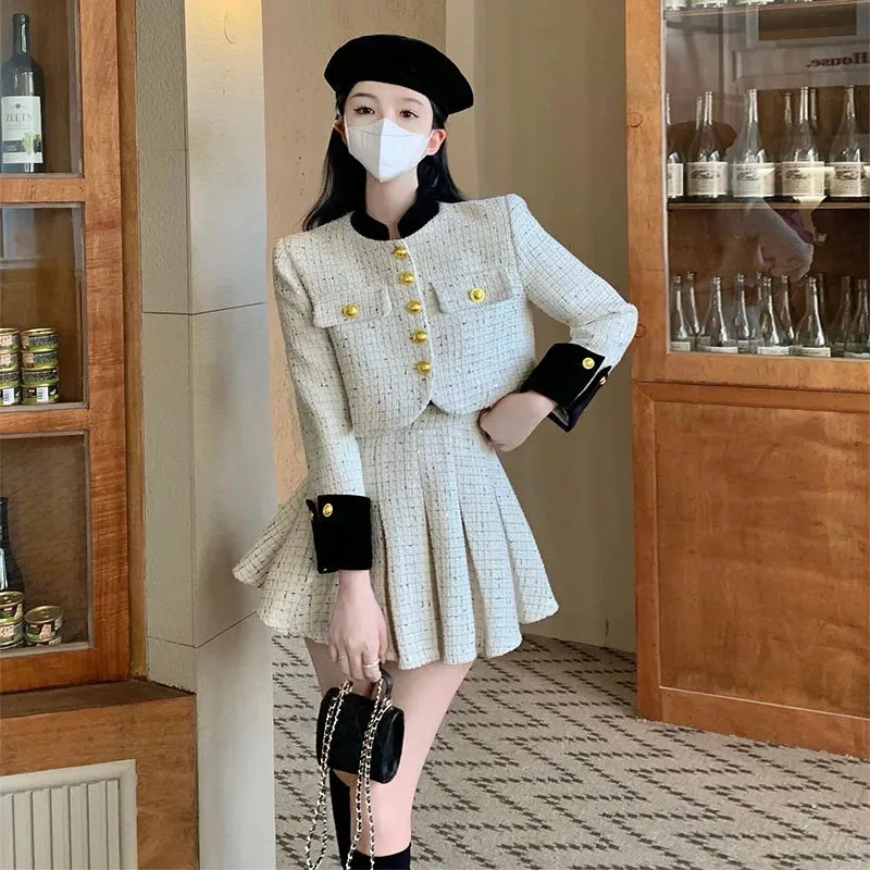 

Autumn Winter Ladies Patchwork Two Piece Set Advanced Women Fashion Long Sleeves Skirts Outfit Female Tops Skirt 2 Piece Set