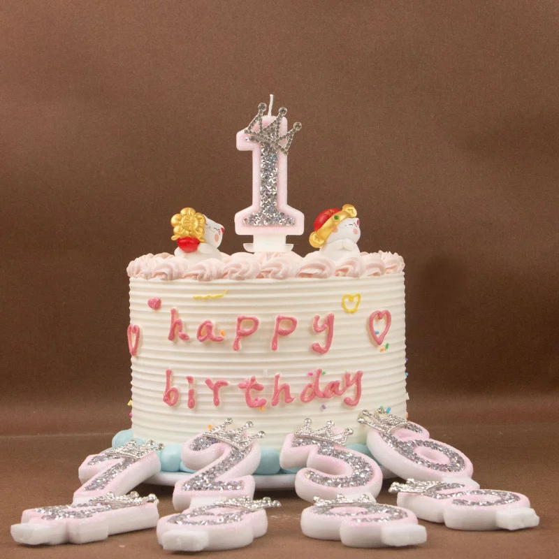 Digital Candles 0-9 Pink Silver Rhinestone Crown Creative Cake Decorative Birthday Candles