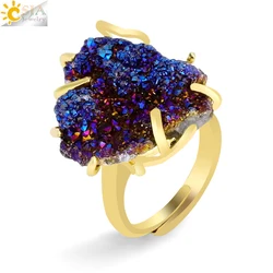 1pc Irregular Druzy Drusy Crystal Ring Luxury Gold Color Rainbow White Stone Finger Rings Adjustable Jewelry Valentine Gift H558