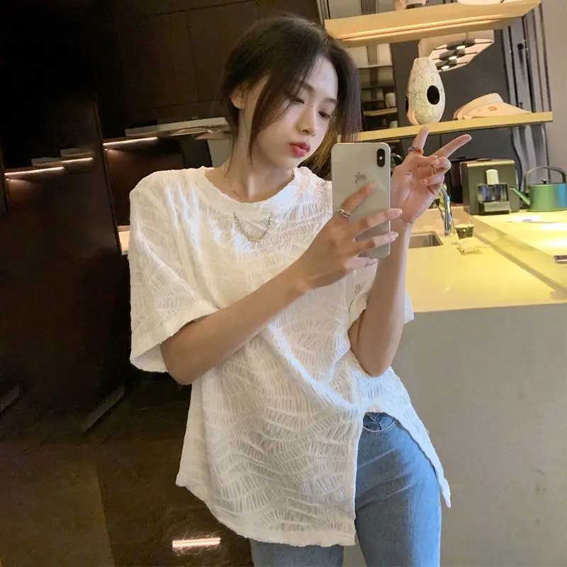 Short Sleeve T-shirts Women Side-slit Pleated Loose Irregular Designed Summer Ins Casual Tops Korean Style Minimalist Slouchy