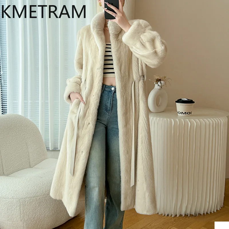 KMETRAM 100% Ganze Nerz Pelz Jacke Frau Stehkragen Lange Echt Nerz Pelzmantel mit Gürtel Winter Outer Frauen Kleidung Nguy