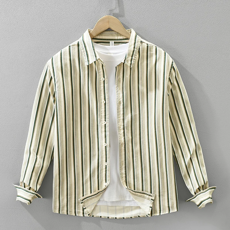

2025 Autumn New Striped Shirt for Men Pure Cotton Loose Long Sleeve Shirts Oversize Fashion Men's Clothing