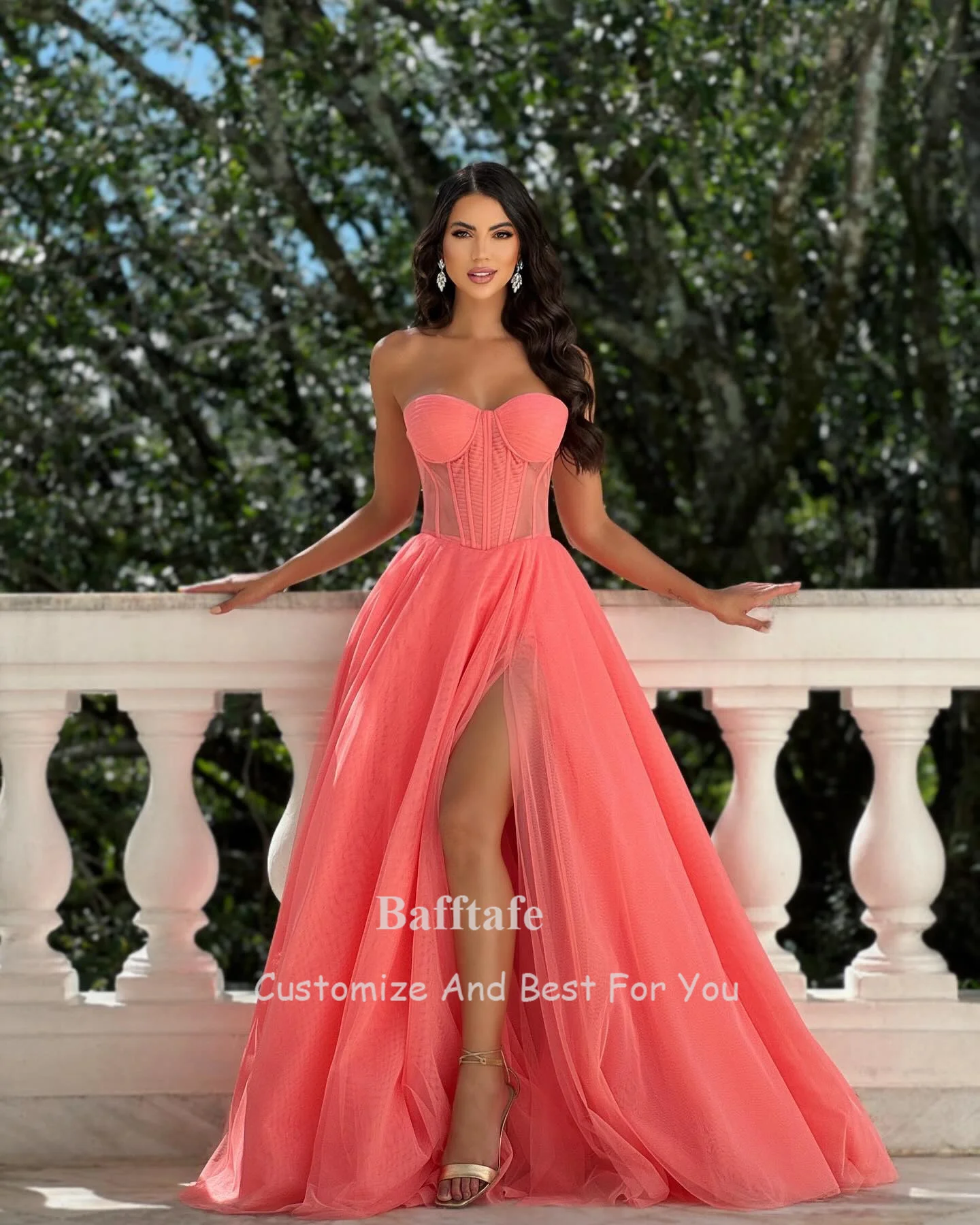 Bafftafe fada tule uma linha vestidos de baile plissado querida perna fenda feminino formal personalizado vestidos de festa de casamento vestido de noite