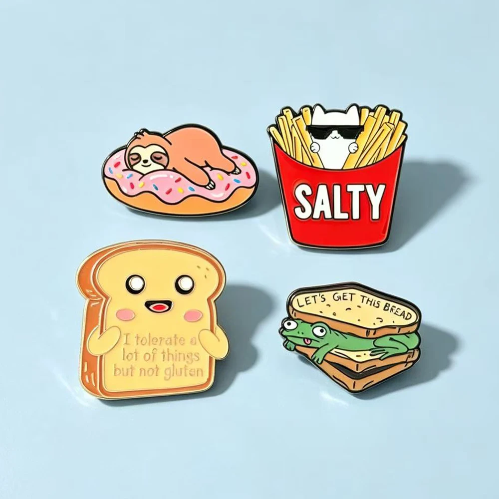 Funny Slogan Meme Food Enamel Pins Frog Sandwich Sloth Donut Cat Fries Gluten-Free Toast Lapel Brooch for Backpack Decor Badge