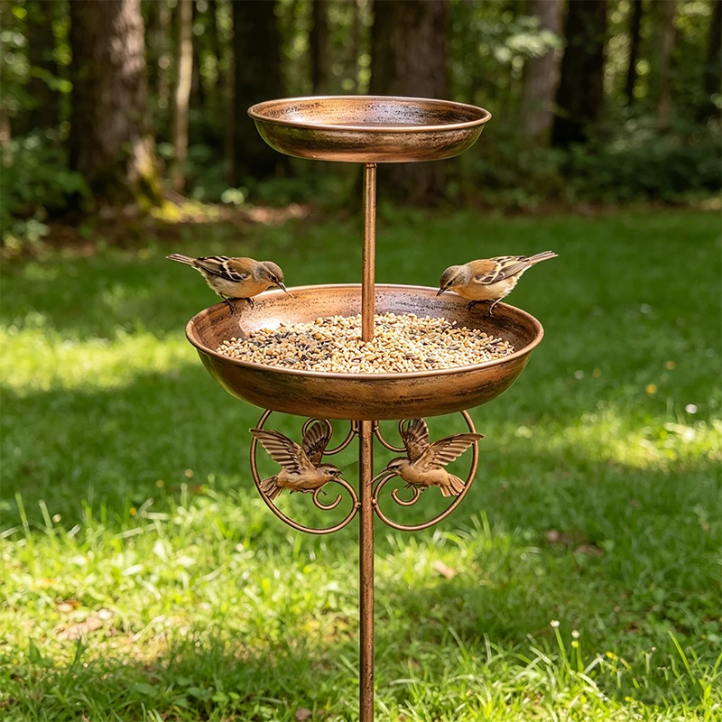 A Vintage Copper-Colored Five-Legged Double-Layered Bird Feeder That Serves as Both a Bird Feeder and a Bird Bath, Suitable for Outdoor Garden Use. Rust-Resistant Metal Bird Waterer, Courtyard Lawn Bird-Watching Supplies, Detachable and Washable
