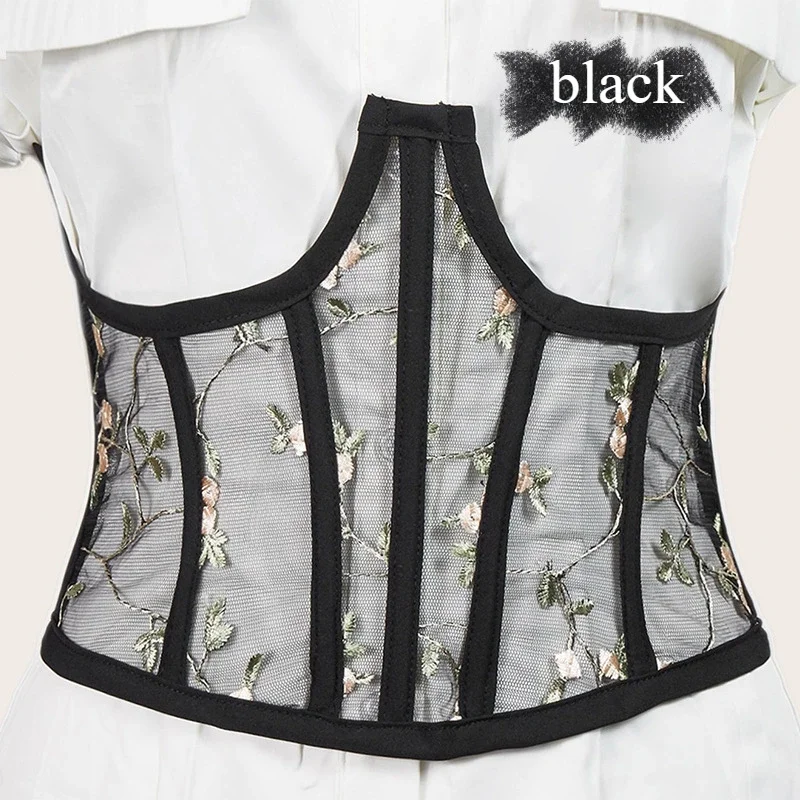 One Size High Waist Corsets Fashion Floral Embroidery Black Corset Harajuku Vintage Mesh See Through Waist Shaper Corsets