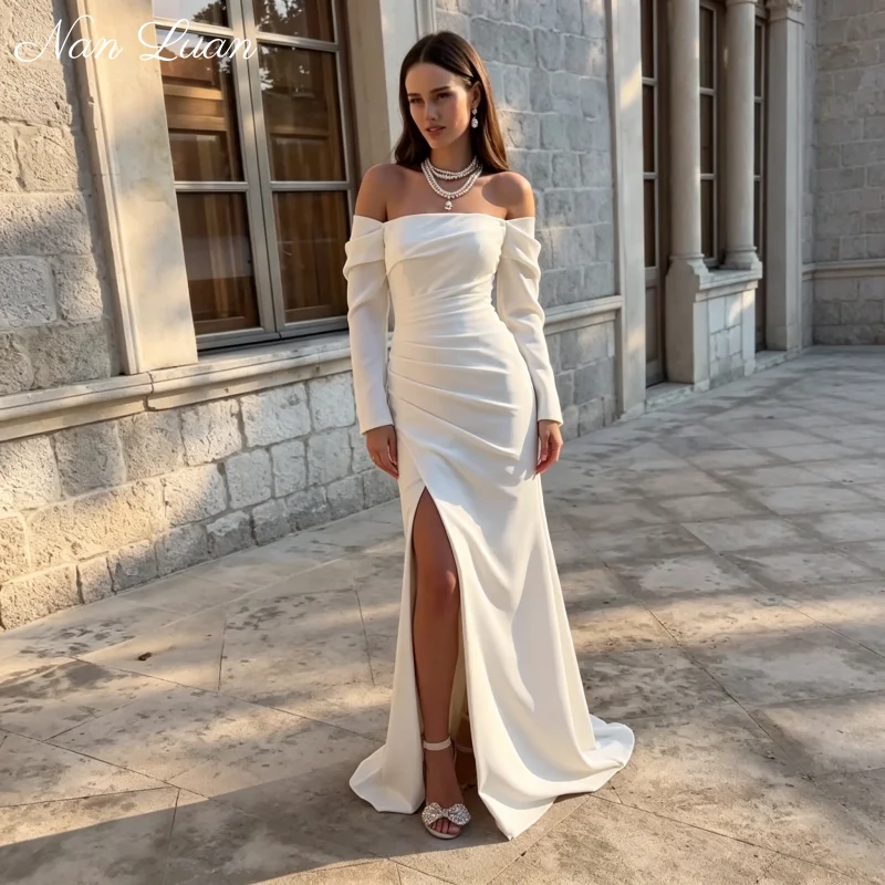 Slim Mermaid Crepe Wedding Dress Off Shoulder Long Sleeve Straight Neck High Thigh Front Slit Vestidos de Novia Customized