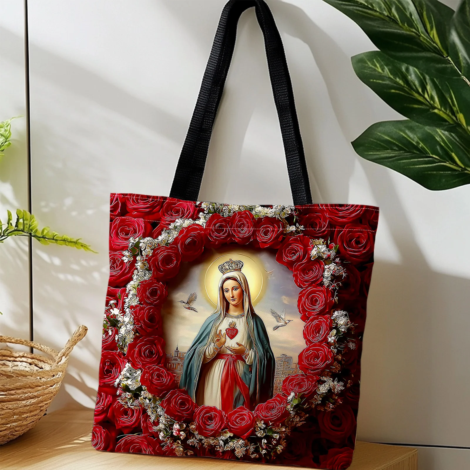 1pc Women' Religious Icon Bag with Immaculate Heart Marian Icon & Red Roses - Foldable Shoulder Purse for Commuting Travel Bag