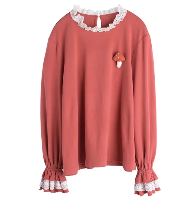 ربيع الخريف حجم كبير المرأة لطيف لوليتا قاع قميص الحلو الدانتيل طاقم الرقبة فضفاضة تنوعا تخفيض العمر بأكمام طويلة #5
