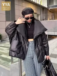 Matte Genuine Leather Women Down Coat Winter New Style Loose Fit High Street Hip Hop Fashion Warm Large Lapel Sheepskin Jacket