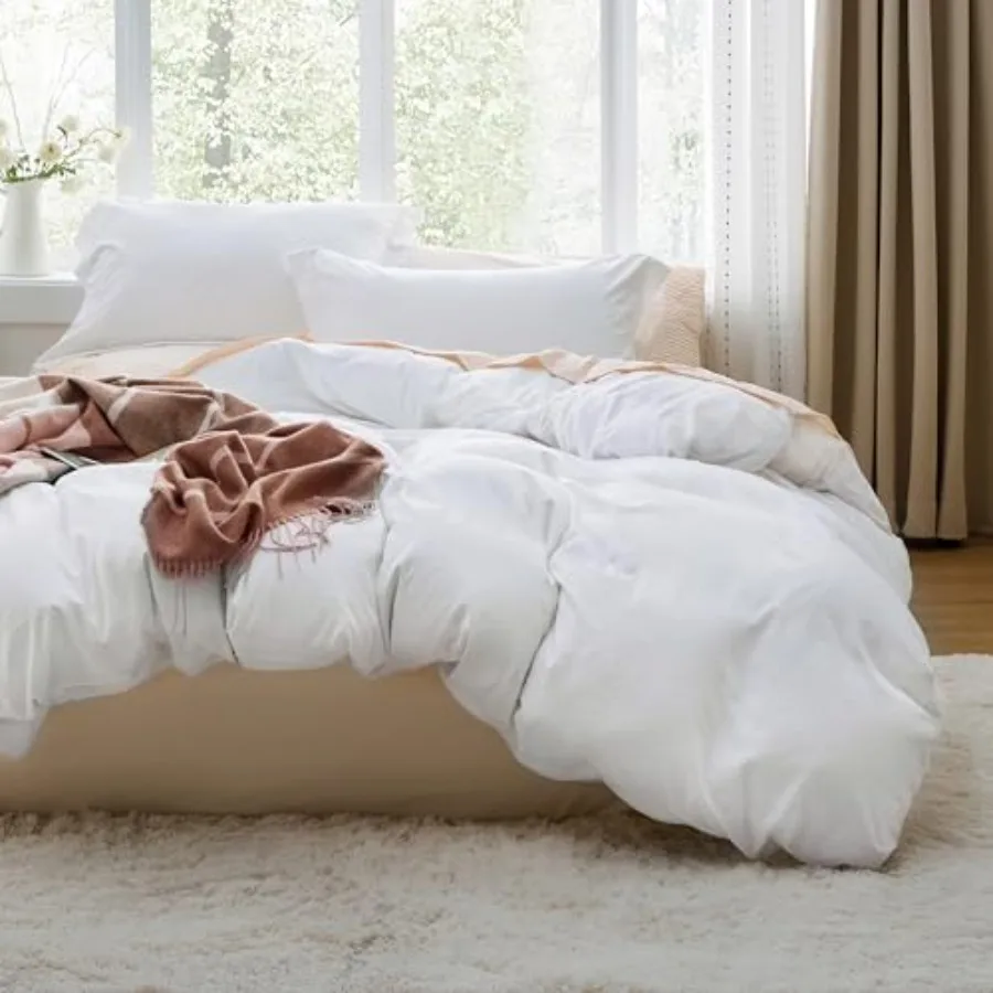 

White Duvet Cover Queen Size - 3 Pieces Prewashed Cotton-Like Polyester Extra Soft Bedding Set, Includes 1 Duvet Cover 90x90 In