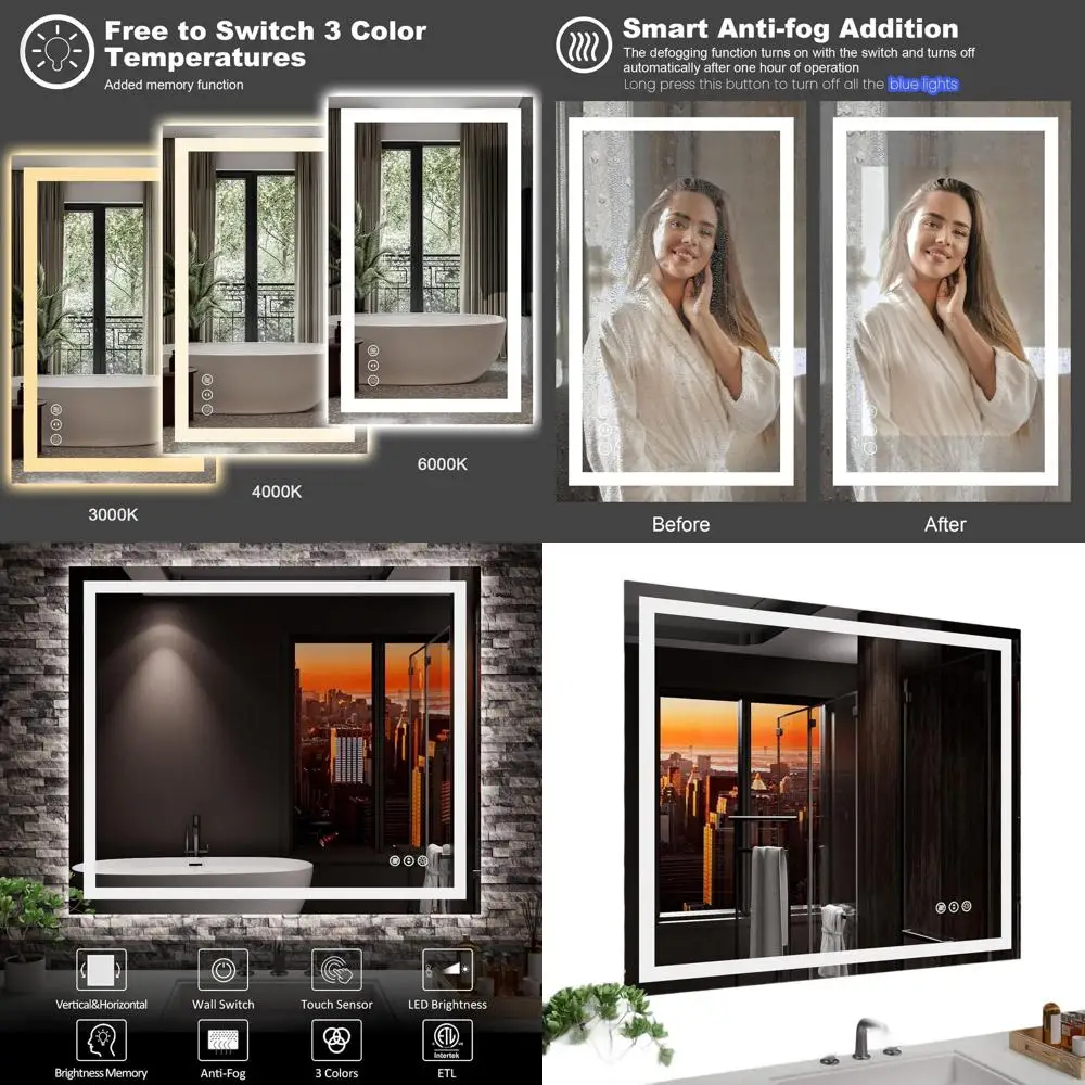 

Зеркало для ванной с LED-подсветкой 36x30 дюймов, с фронтальной подсветкой, с регулировкой яркости, с функцией антизапотевания, ударопрочное, с функцией памяти, 3 цвета, настенное крепление