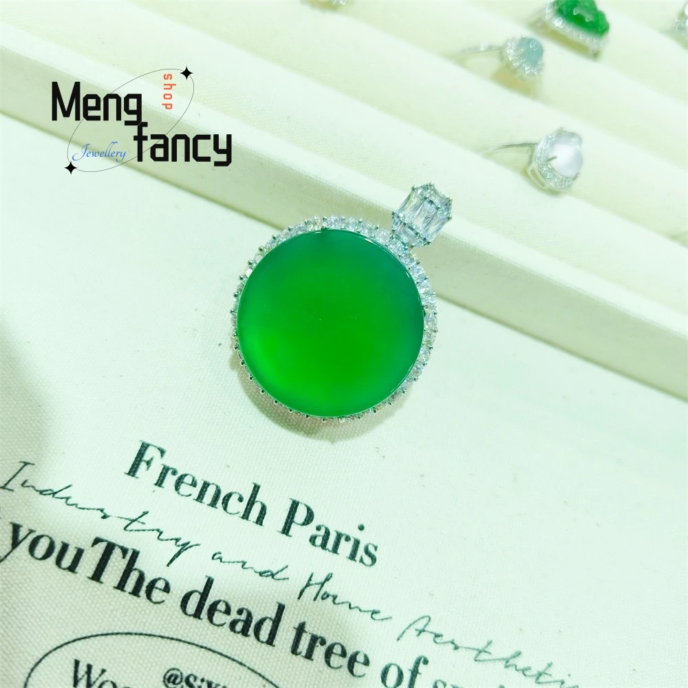 

Green Chalcedony Round "Nothing" Pendant, Natural Agate Pendant, Full Diamond Inlaid Round Cake Chalcedony Pendant Best Selling