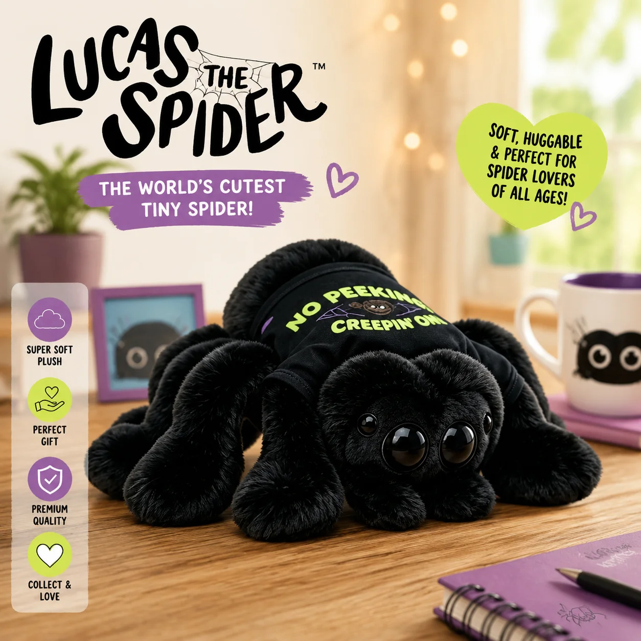 Lucas Black Spider Plush Toy Soft Stuffed Animal Doll Home Decor Collectible Gift For Adult Fans Halloween Gift