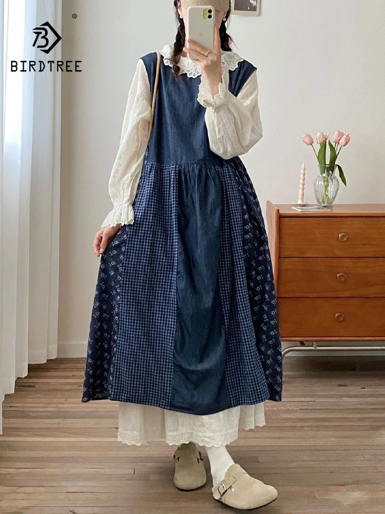 New 2026 Spring Women Denim Vest Dresses, O Neck Sleeveless Print Patchwork, Mori Girl Sweet Age Reduction Loose Dress D63791CC