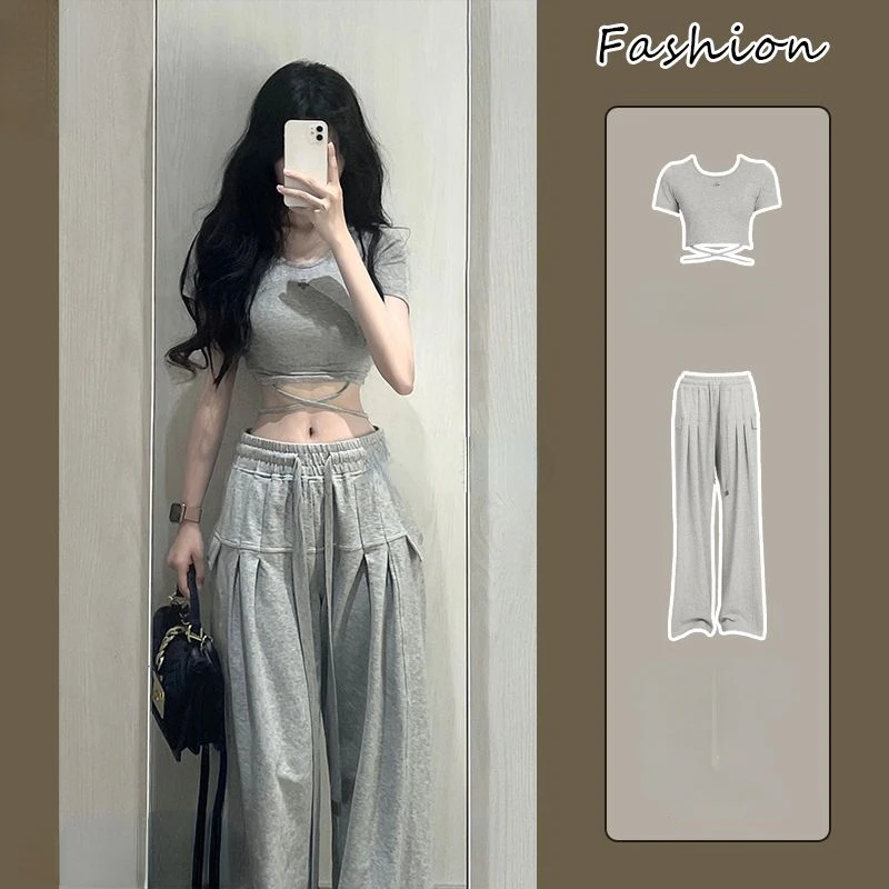 Conjunto de 2 piezas formado por Top corto y pantalón holgado, ropa deportiva informal Y2k, trajes de moda coreana, prendas de vestir elegantes,