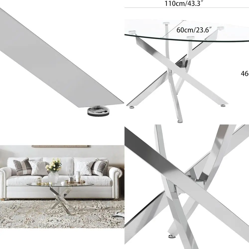 

Oval Silver Modern Coffee Table with Chrome Legs for Home and Office Living Spaces