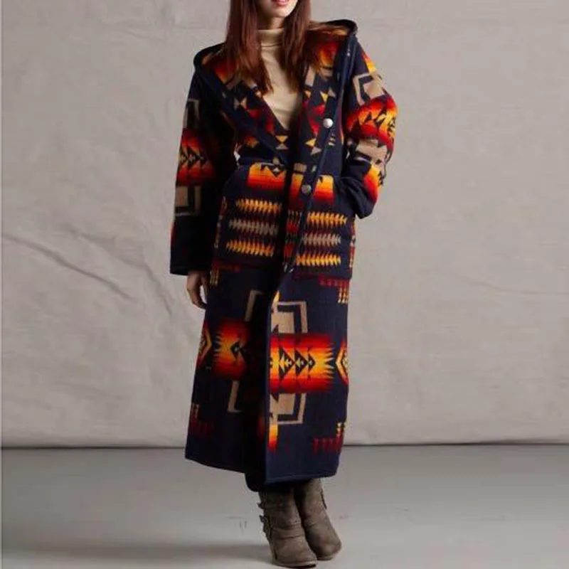 Womens  Fashion Ethnic Style Boho Printed Hooded Long Coat Loose Outwear Match Colors Plus Size S-5XL