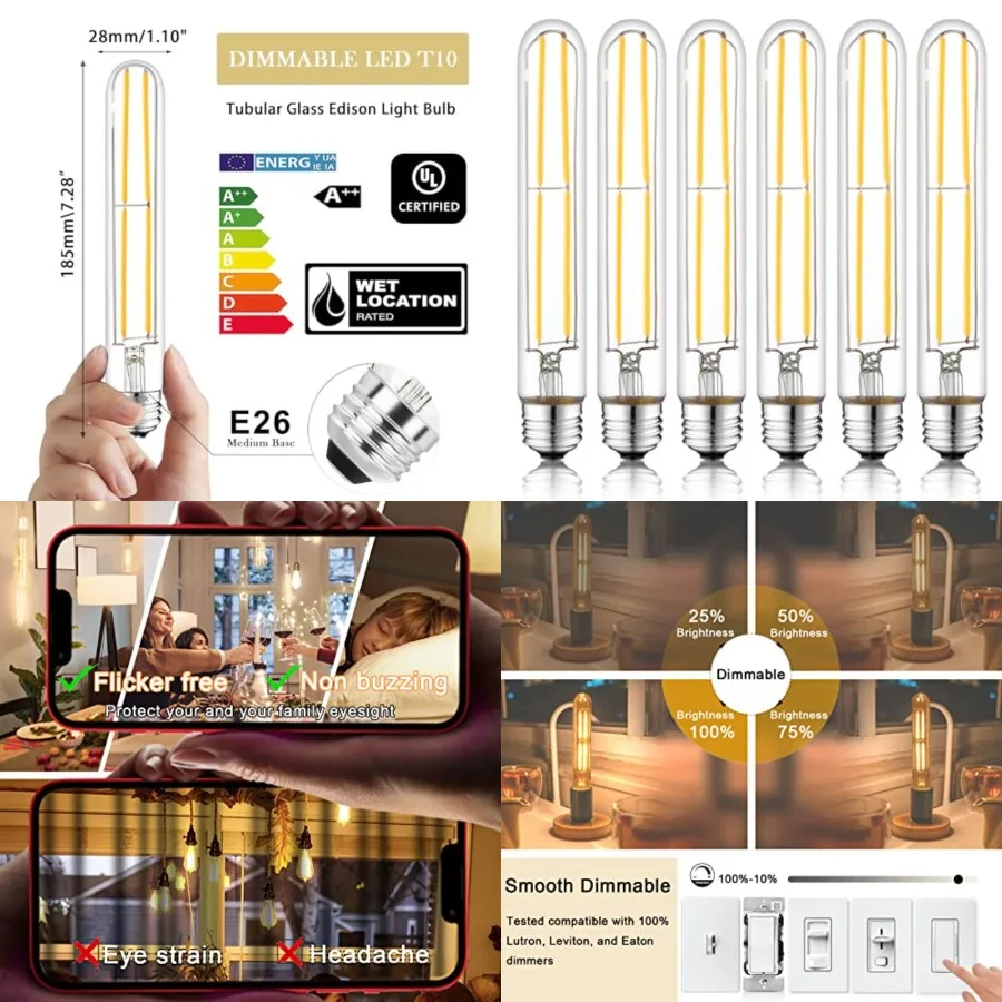 

7.3 Inch E26 Led Bulb 6W, Equal 80 Watt 3000K Warm White Edison Bulbs Dimmable, T10 T9 Long Tubular Clear Glass Light Bulb 800L