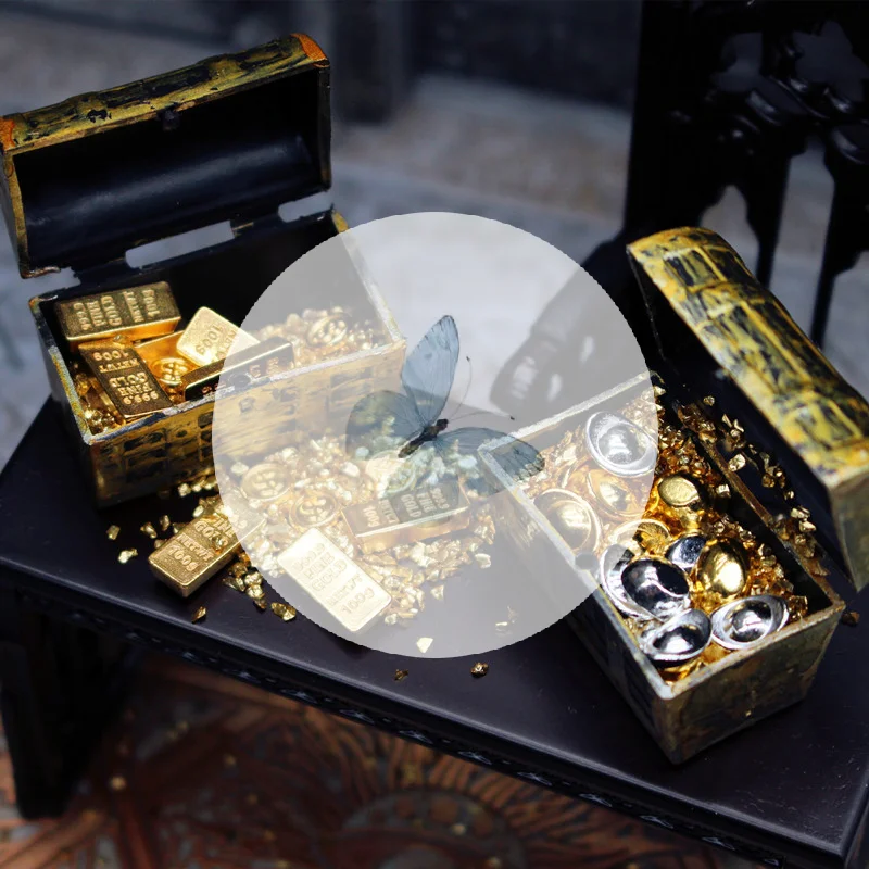 Lingote de ouro em miniatura, casa de bonecas 1/12, baú de tesouro, conjunto infantil, fingir jogar