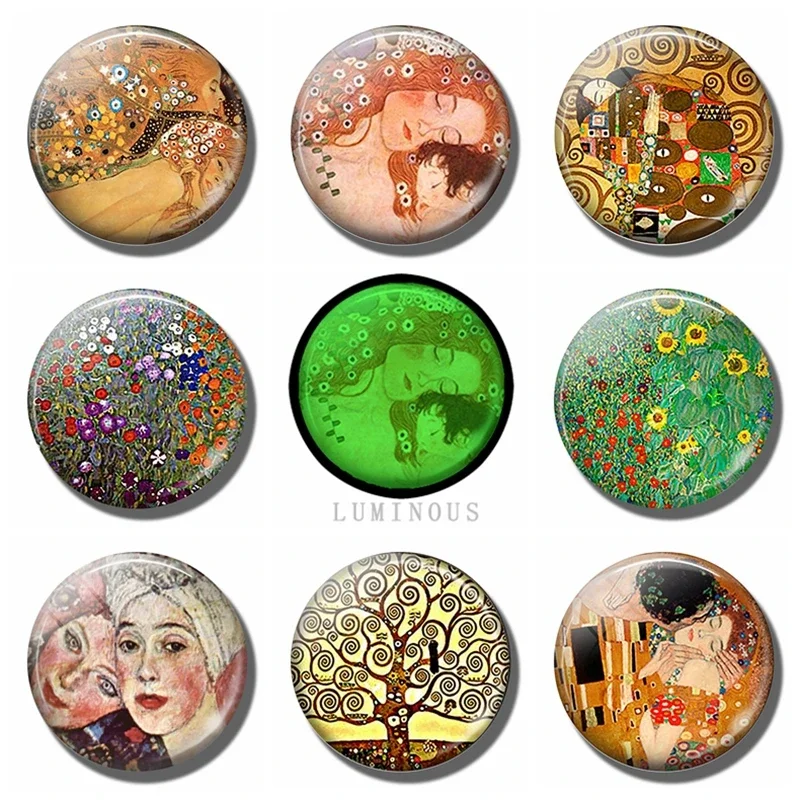 Gustav Klimt-Luminous Glass Fridge Magnets Glowing at Night Stickers Refrigerator Memo Magnetic Holder Souvenir Art 30mm