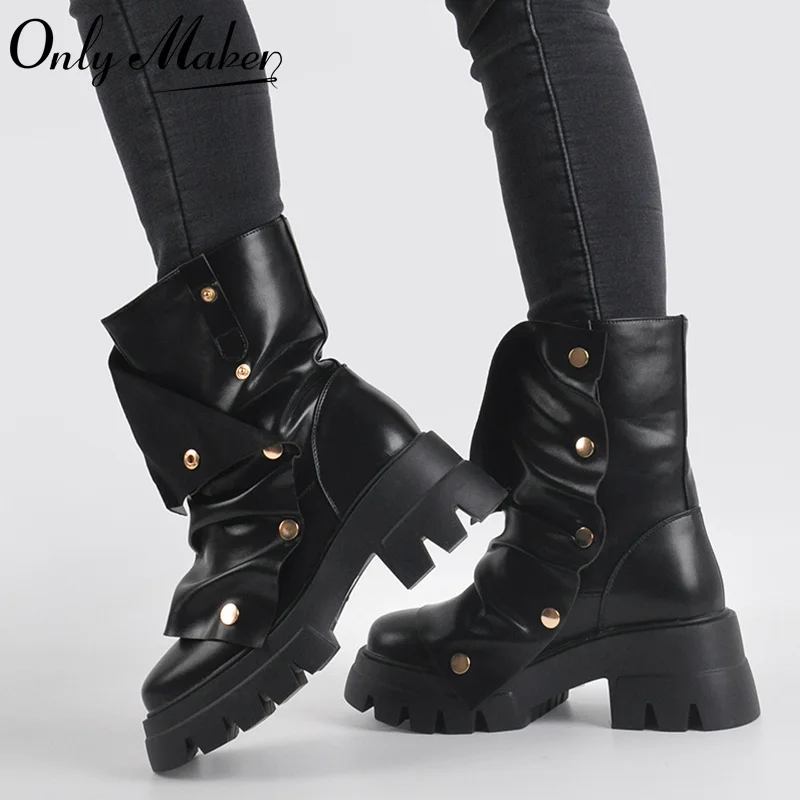 Onlymaker Women Round Toe Plaftorm Fold Over Boots Block Heel Western Pull on Fashion Ankle Boots